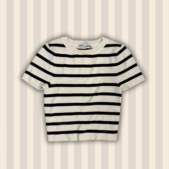 ZARA cream + black striped baby tee 🖤 - Picture 1 of 5
